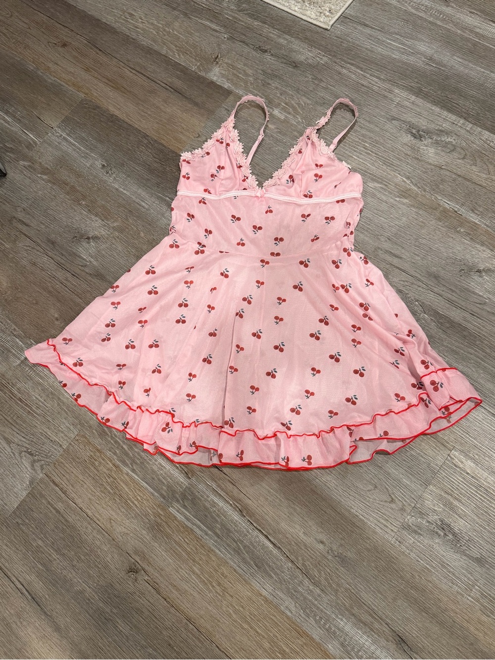 Pink Cherry Print Ruffle Slip Dress